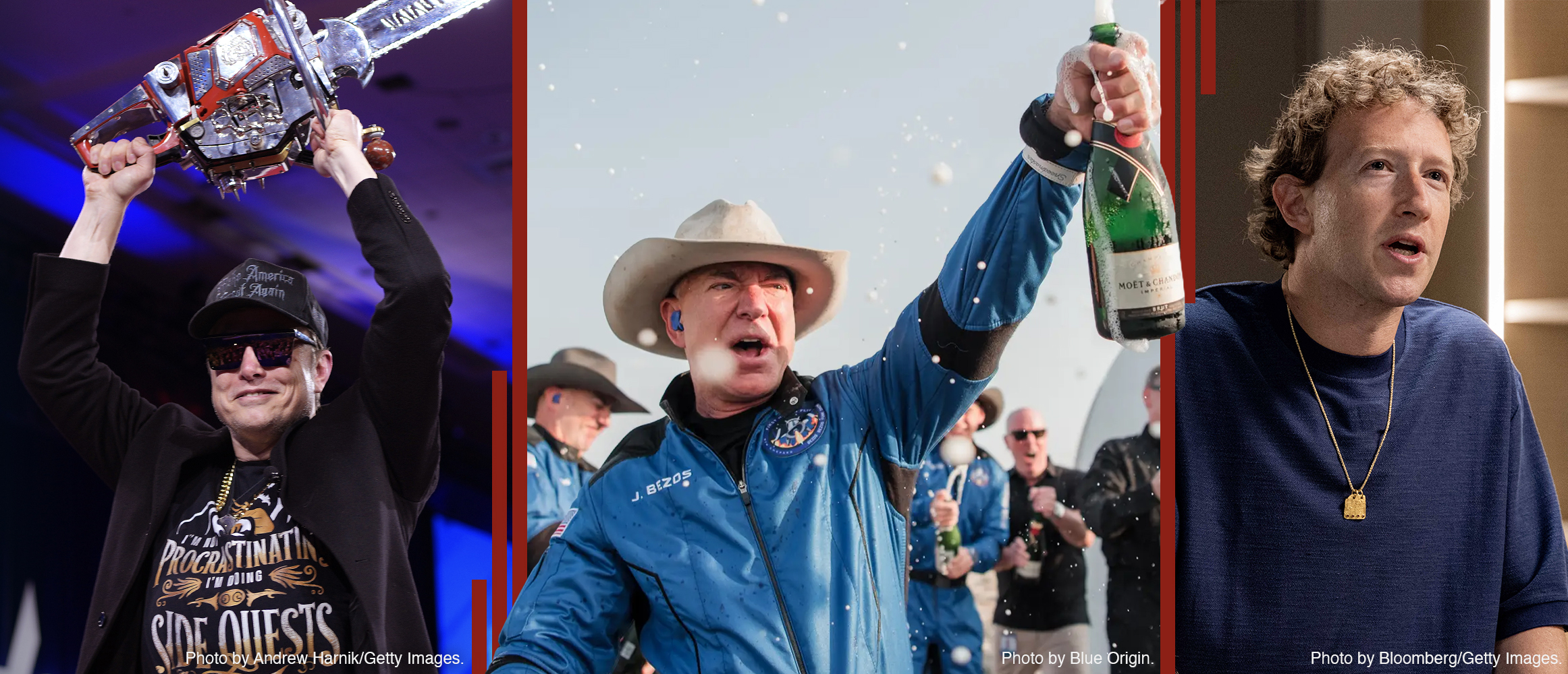 Elon Musk, Jeff Besos, Mark Zuckerberg